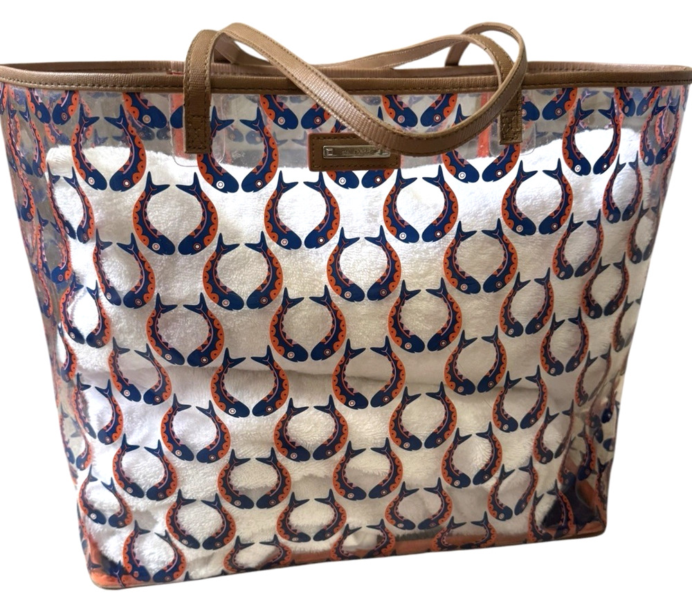 Stella & Dot XL Clear Beach Tote Bag Fish Print Pocket PVC Beach Pool